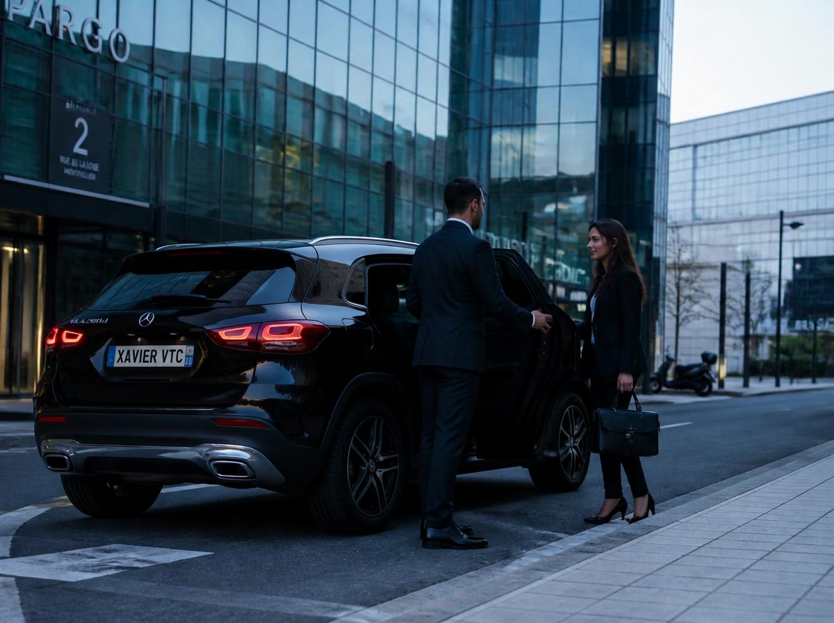 Mercedes GLA 250e de Xavier VTC devant un immeuble de bureaux du quartier Port Marianne à Montpellier