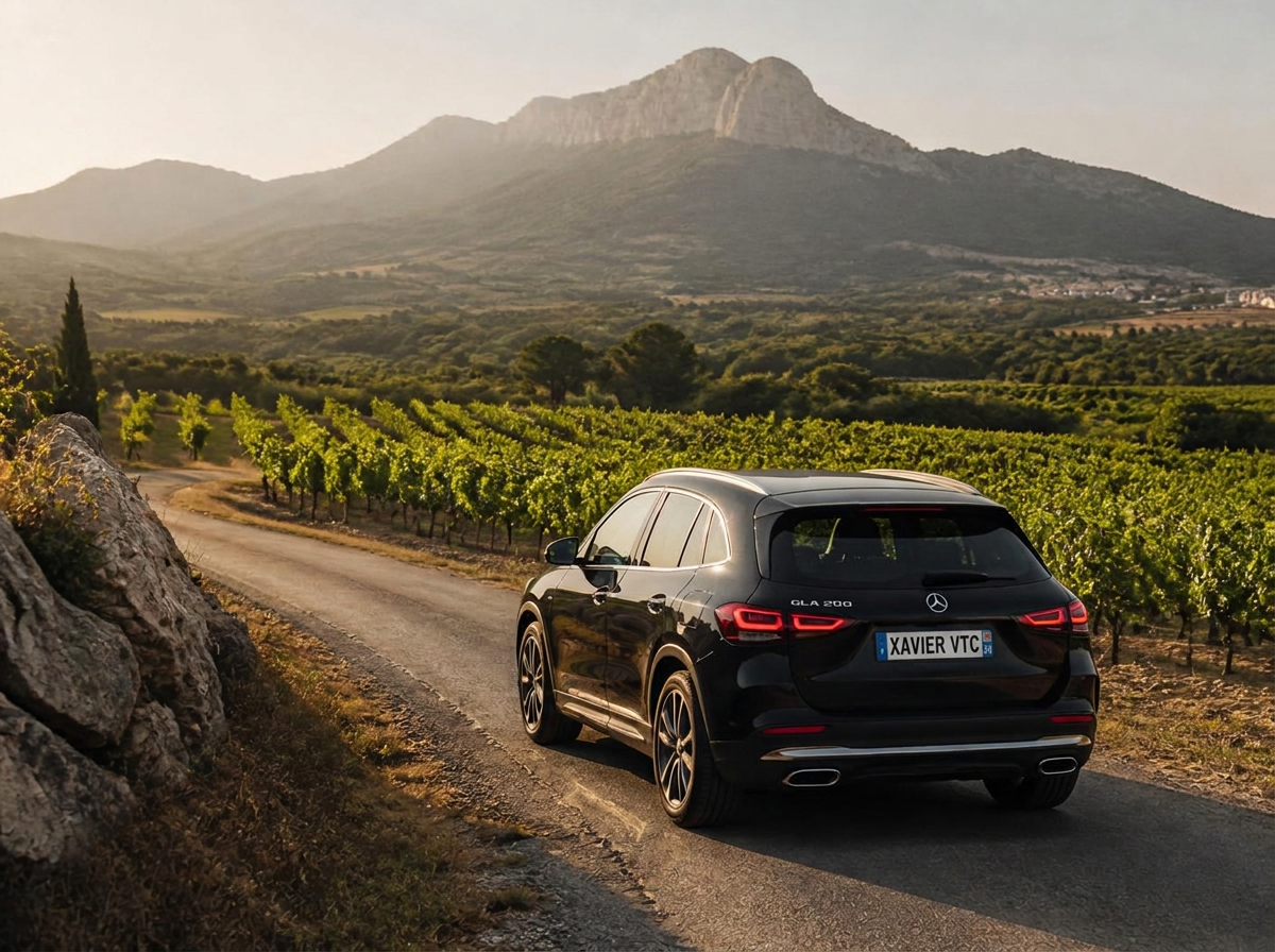 Mercedes GLA 250e de Xavier VTC sur une route de campagne en Occitanie près de Sète