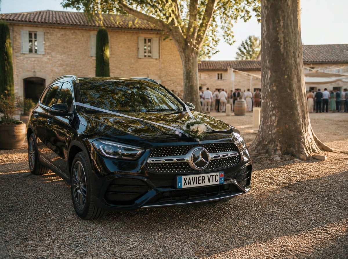 Mercedes GLA 250e de Xavier VTC devant un domaine viticole de l’Hérault un jour de mariage